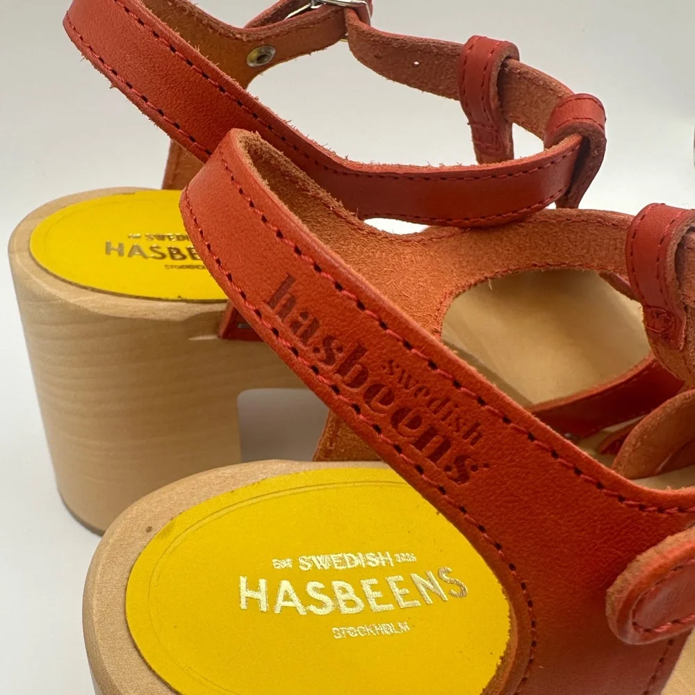 Swedish Hasbeens Red Leather Wooden Platform Sandals T-Strap Chunky Block Heel - Picture 9 of 16